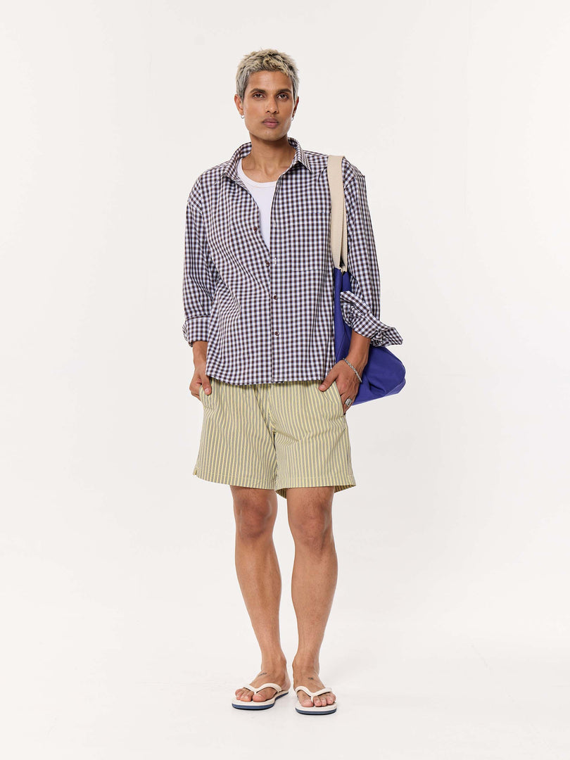 Brown & Blue Checkered Oversized Cropped Shirt