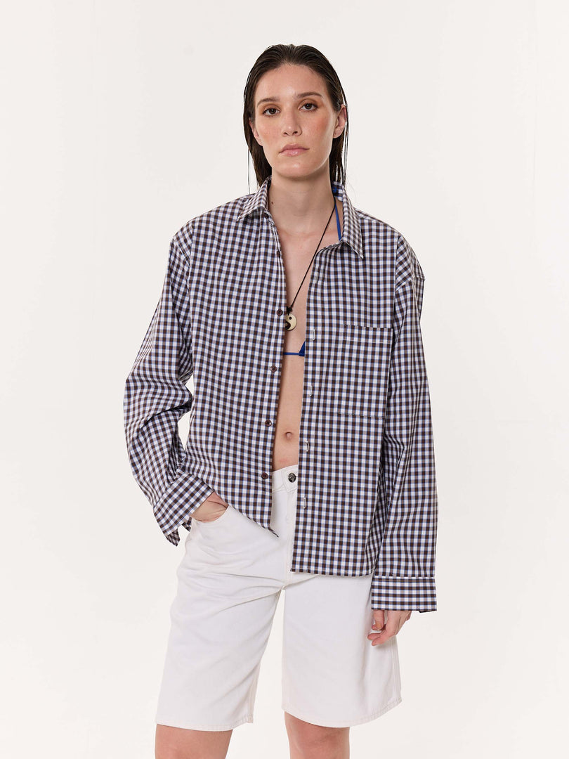 Brown & Blue Checkered Oversized Cropped Shirt