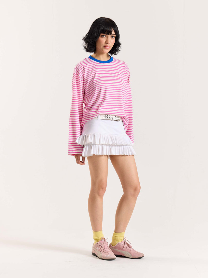 Bubblegum Pink Striped Loose Fit Cropped T-Shirt