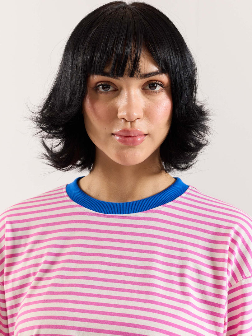 Bubblegum Pink Striped Loose Fit Cropped T-Shirt