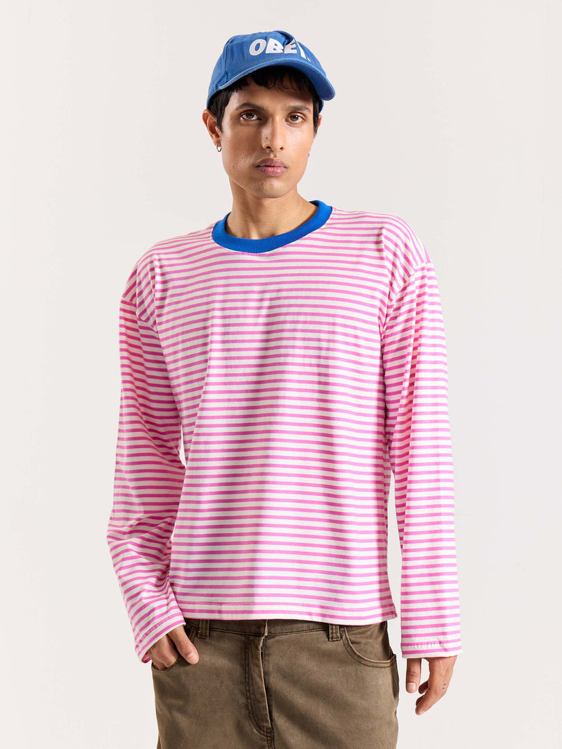 Bubblegum Pink Striped Loose Fit Cropped T-Shirt