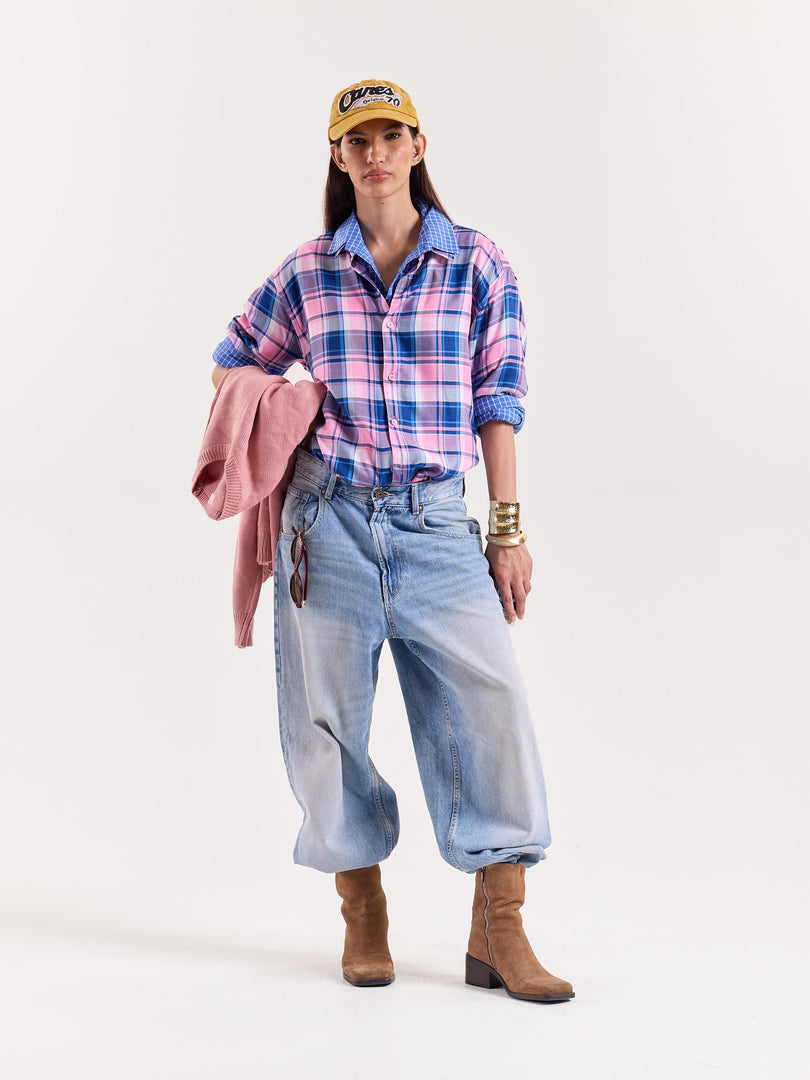 Bubblegum Pink & Blue Checkered Cropped Shirt