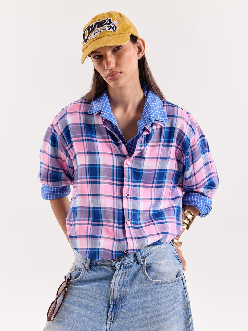 Bubblegum Pink & Blue Checkered Cropped Shirt