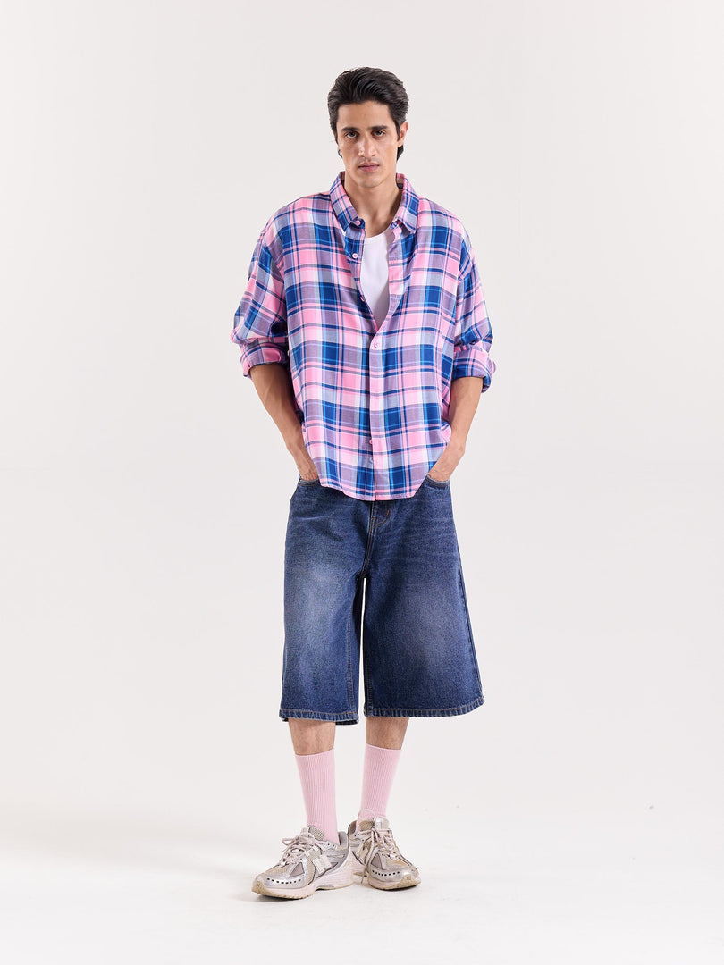 Bubblegum Pink & Blue Checkered Cropped Shirt