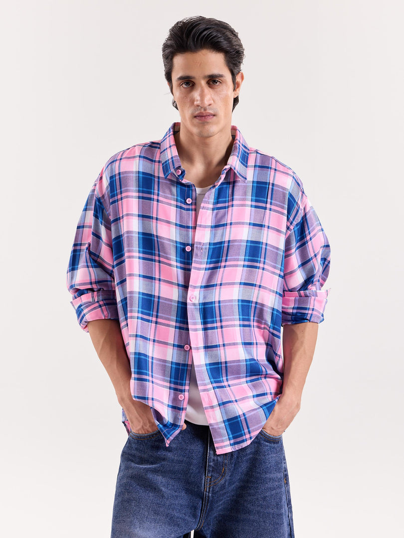 Bubblegum Pink & Blue Checkered Cropped Shirt