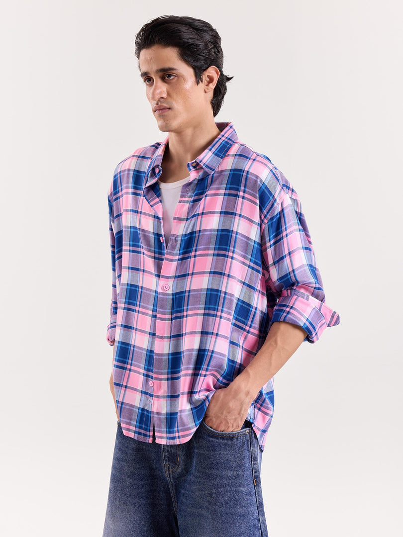 Bubblegum Pink & Blue Checkered Cropped Shirt