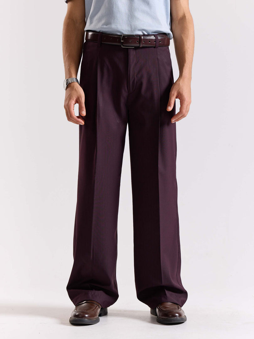 Burgundy Pinstriped Baggy Fit Trousers