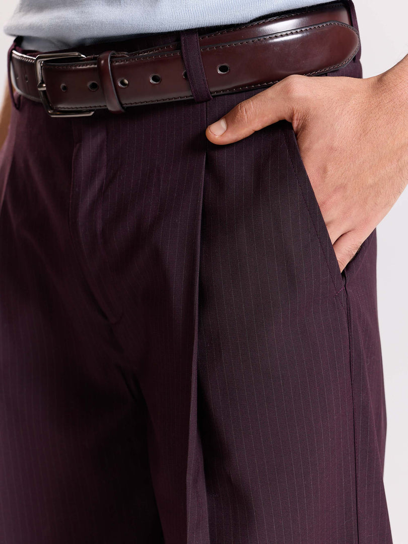 Burgundy Pinstriped Baggy Fit Trousers