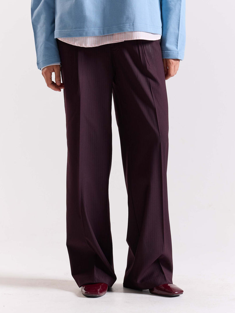 Burgundy Pinstriped Baggy Fit Trousers