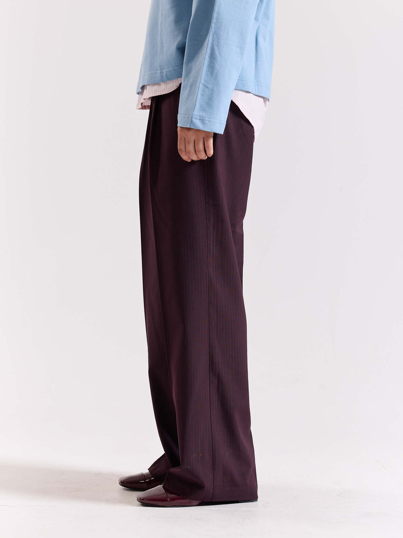 Burgundy Pinstriped Baggy Fit Trousers