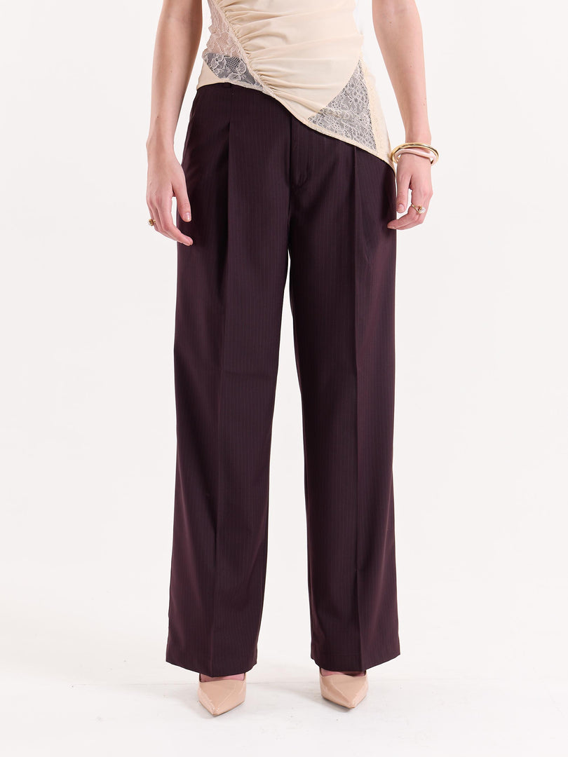 Burgundy Pinstriped Baggy Fit Trousers