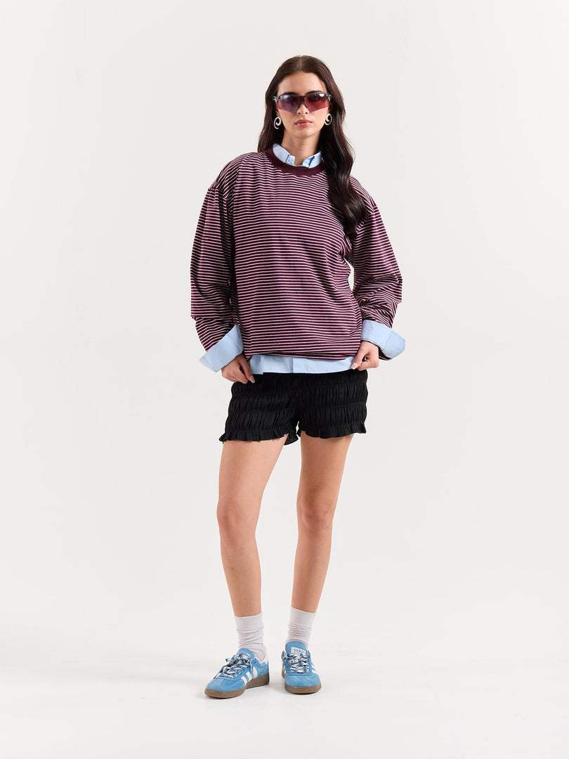 Burgundy & White Striped Loose Fit Cropped T-Shirt