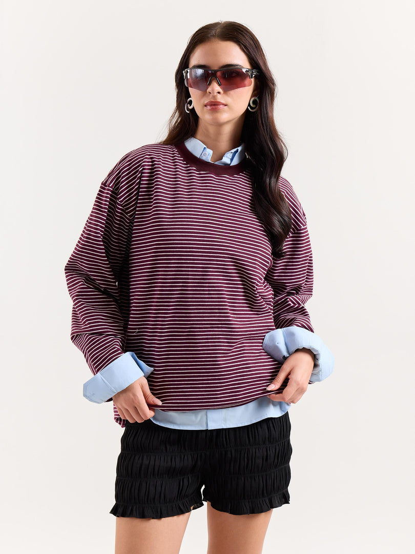 Burgundy & White Striped Loose Fit Cropped T-Shirt