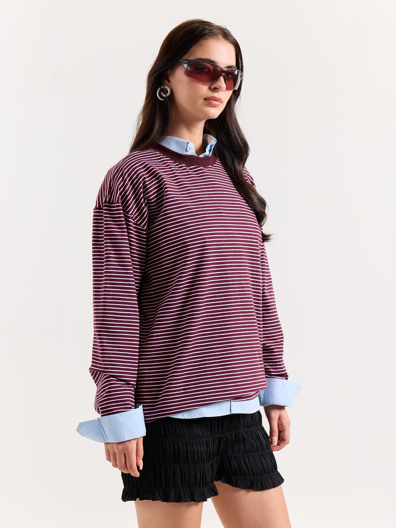 Burgundy & White Striped Loose Fit Cropped T-Shirt