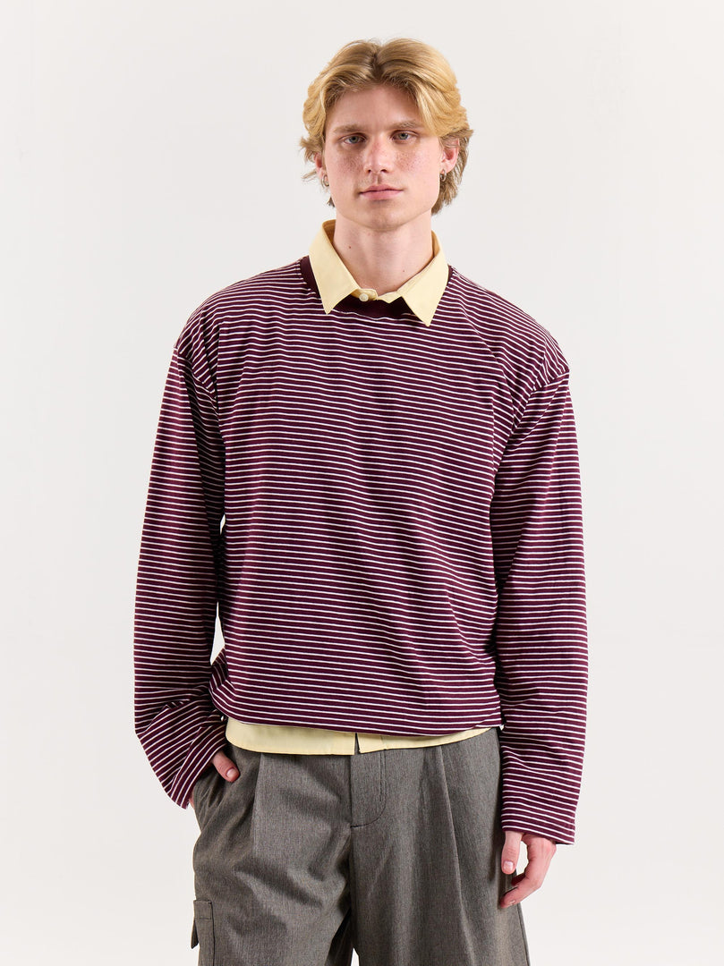 Burgundy & White Striped Loose Fit Cropped T-Shirt