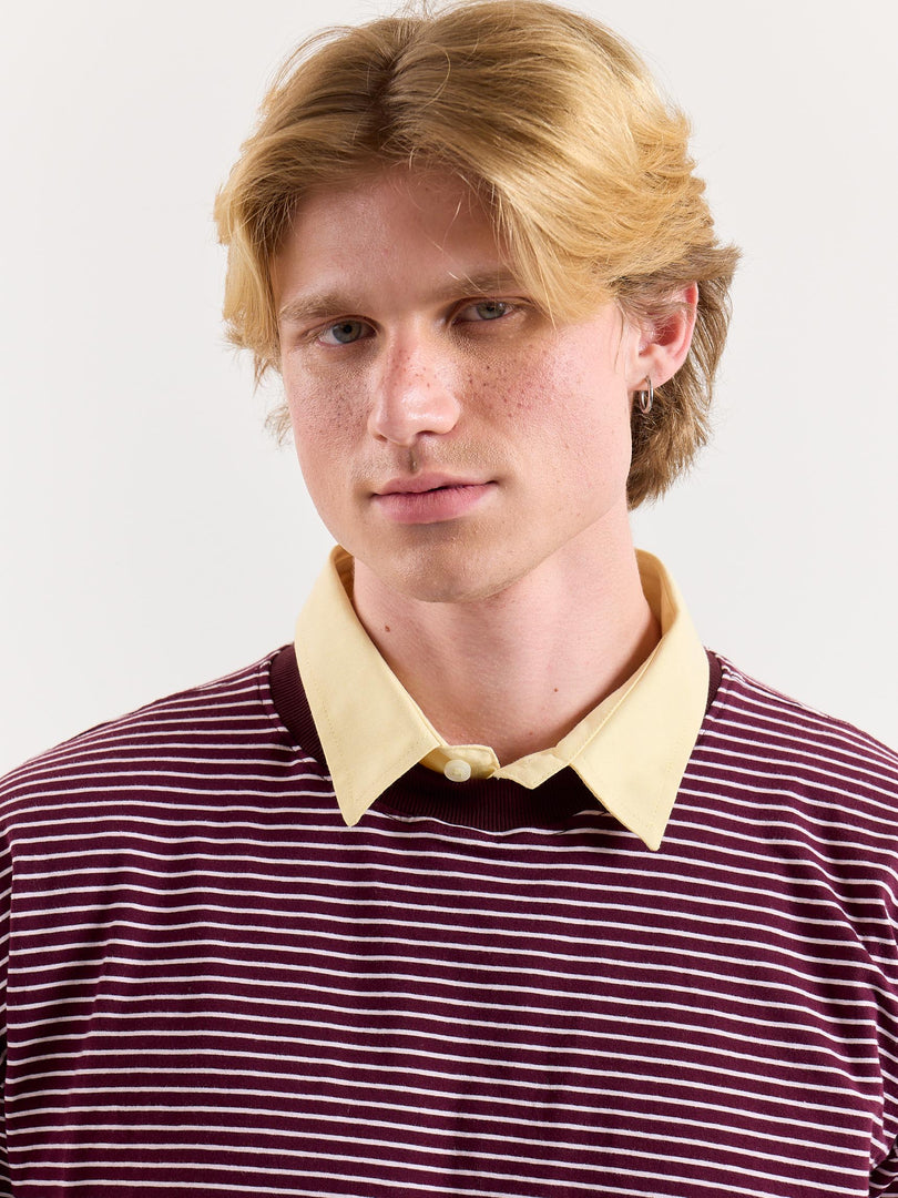 Burgundy & White Striped Loose Fit Cropped T-Shirt