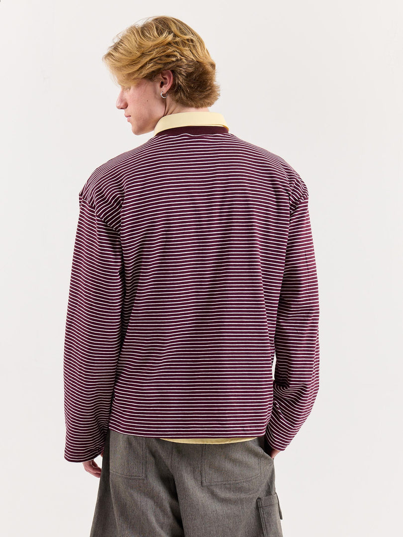 Burgundy & White Striped Loose Fit Cropped T-Shirt