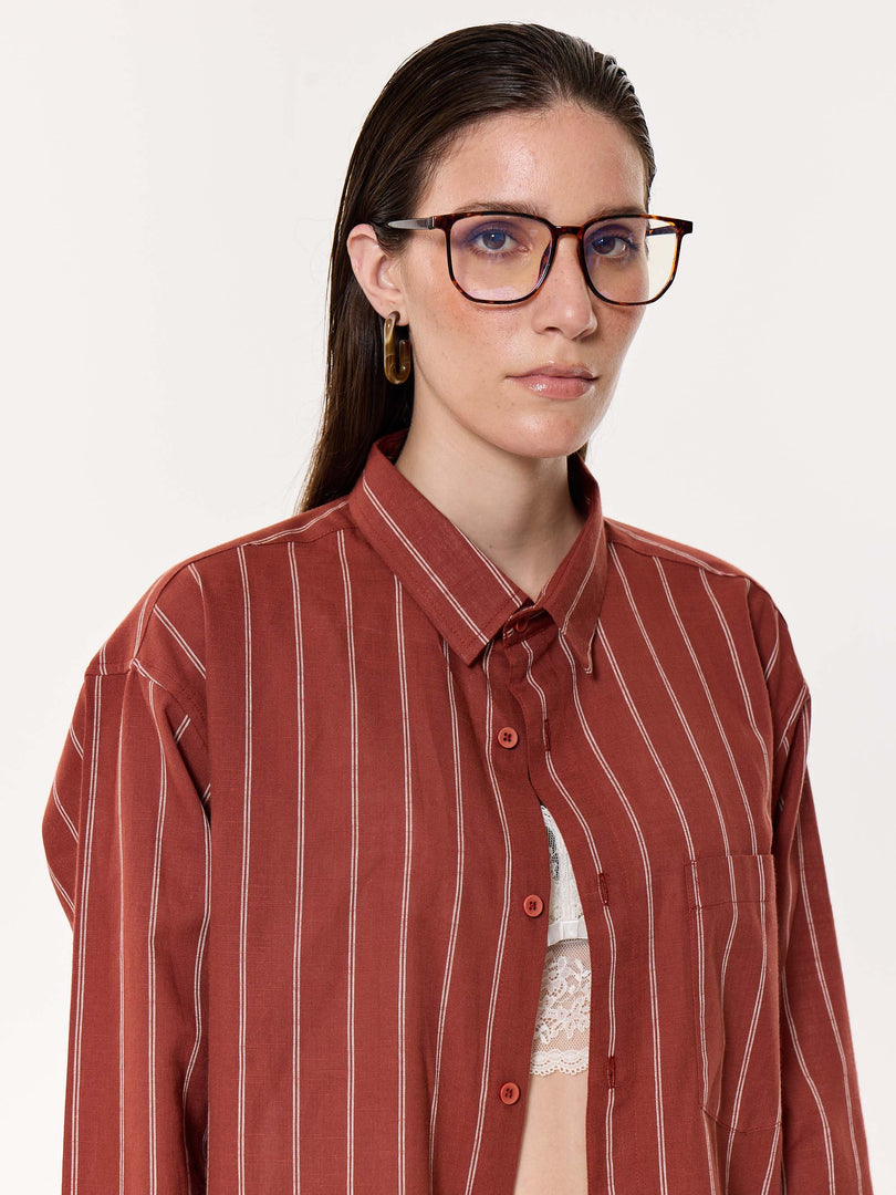 Burnt Red Striped Oversized Cropped Shirt