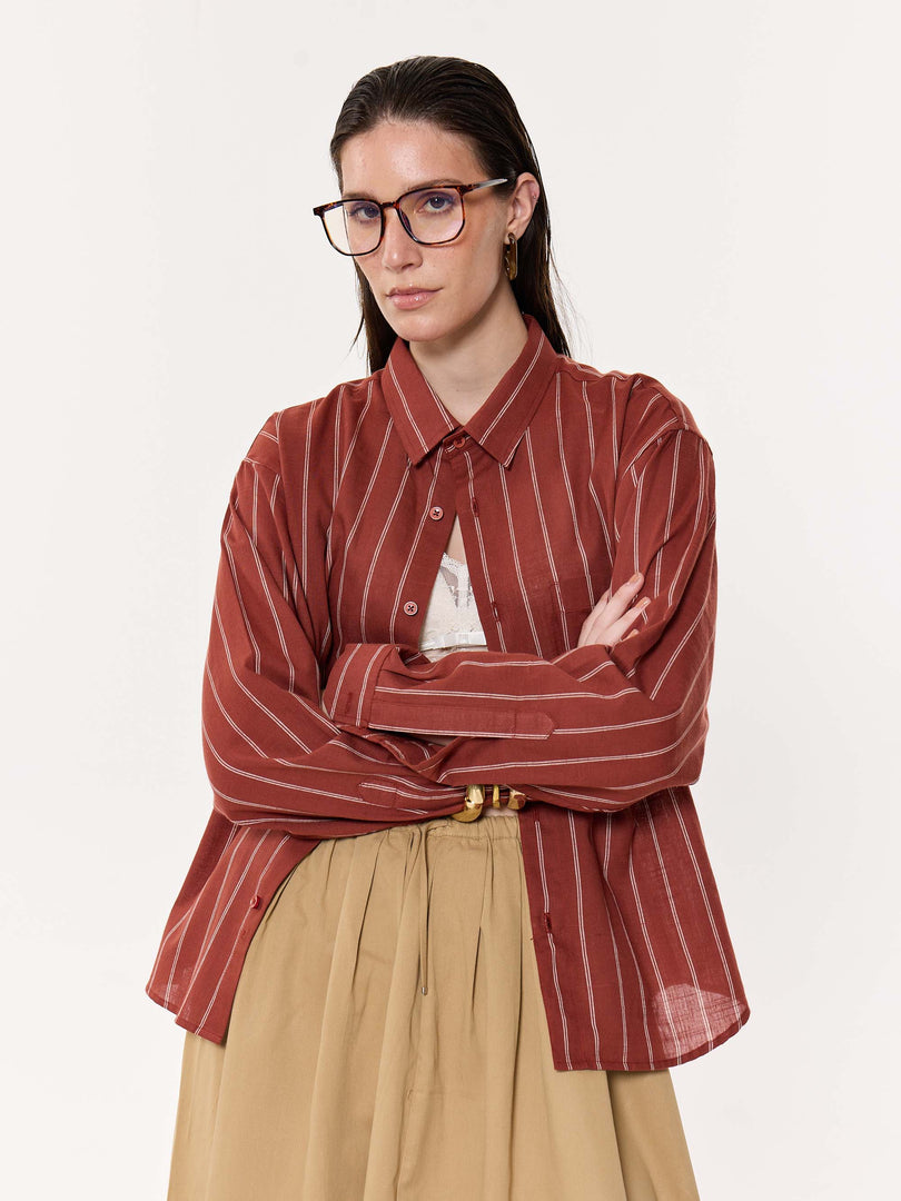 Burnt Red Striped Oversized Cropped Shirt