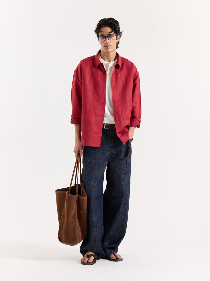 Cherry Red Linen Cropped Shirt