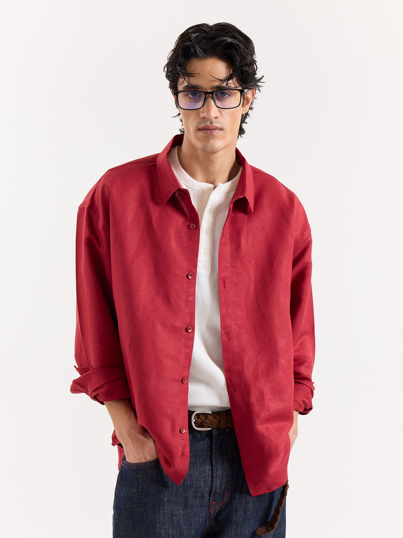 Cherry Red Linen Cropped Shirt