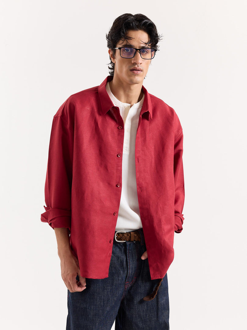 Cherry Red Linen Cropped Shirt