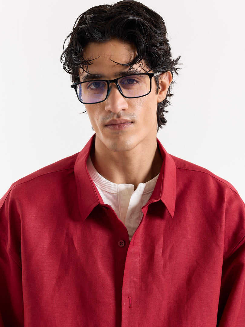 Cherry Red Linen Cropped Shirt