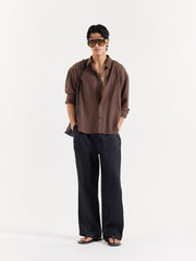 Chocolate Brown Linen Cropped Shirt