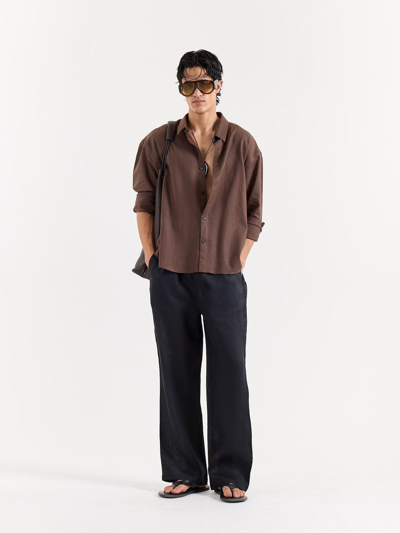 Chocolate Brown Linen Cropped Shirt