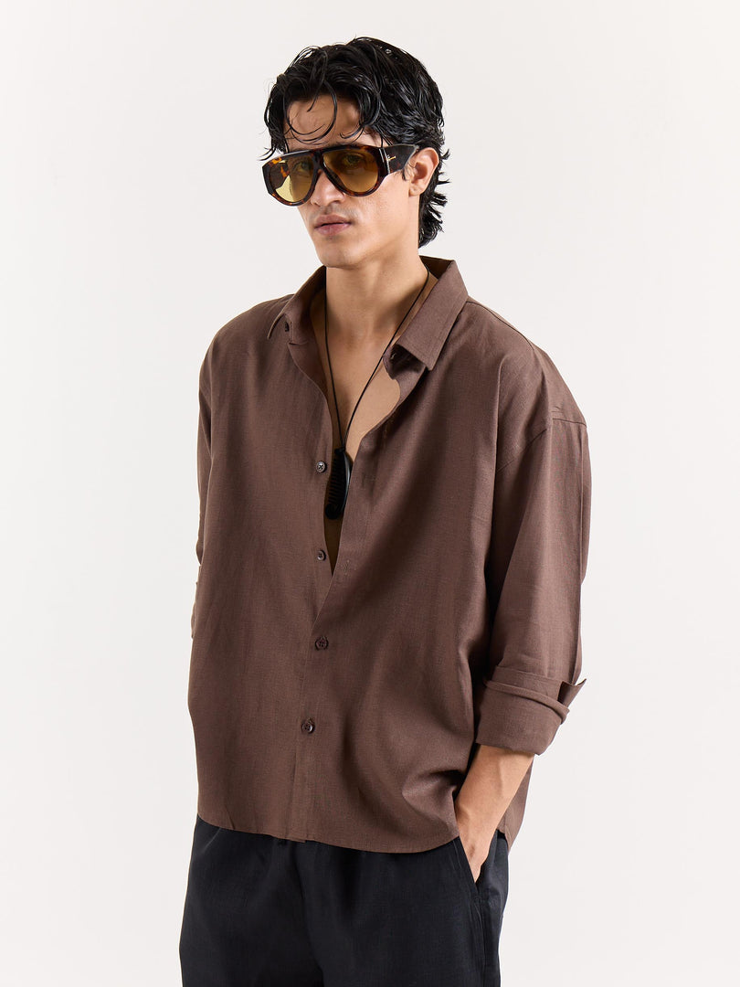 Chocolate Brown Linen Cropped Shirt