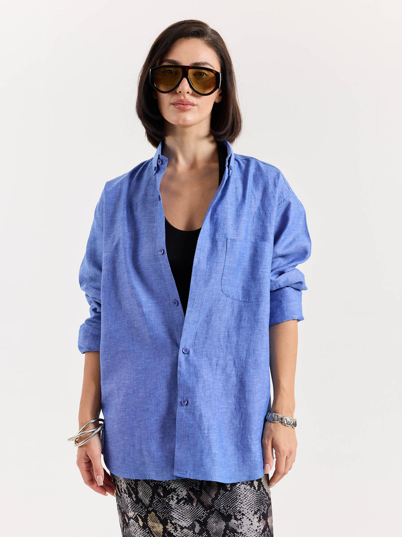 Cobalt Blue Chambray Linen Shirt
