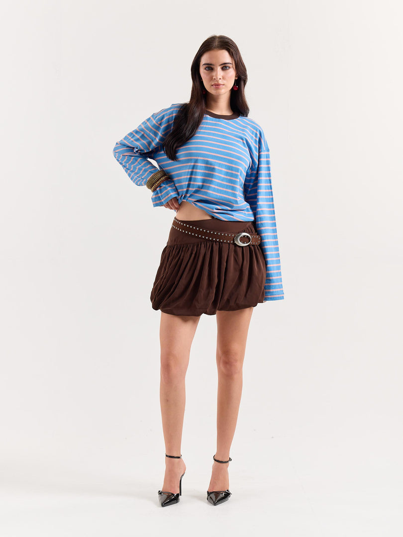 Cobalt & Peach Striped Loose Fit Cropped T-Shirt