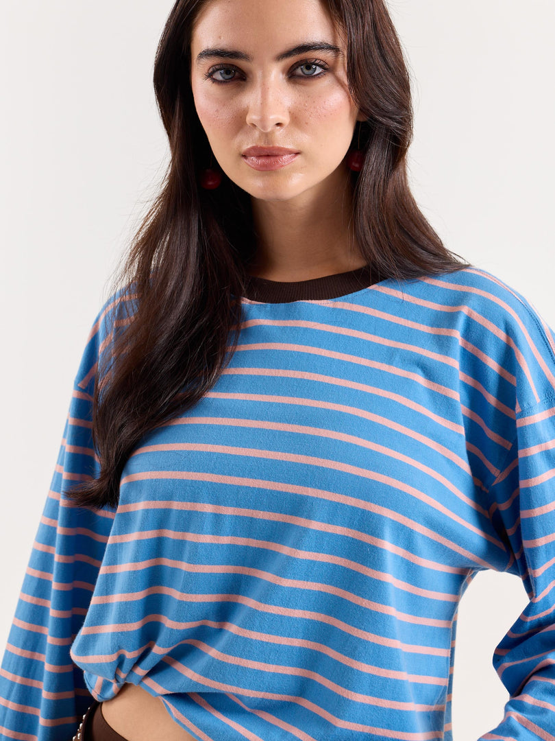 Cobalt & Peach Striped Loose Fit Cropped T-Shirt