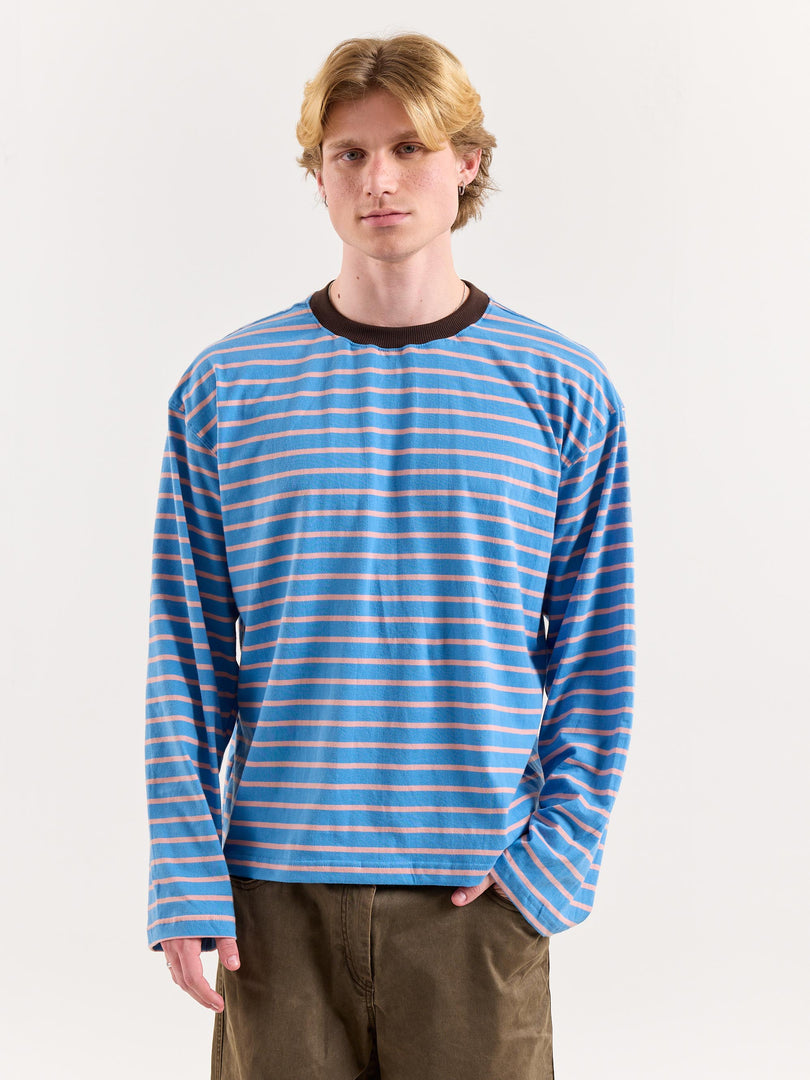 Cobalt & Peach Striped Loose Fit Cropped T-Shirt