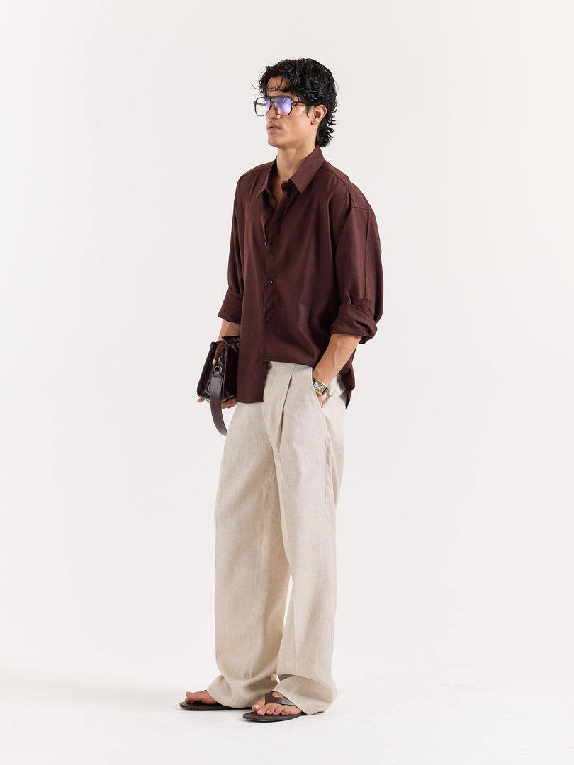 Coffee Brown Linen Cropped Shirt