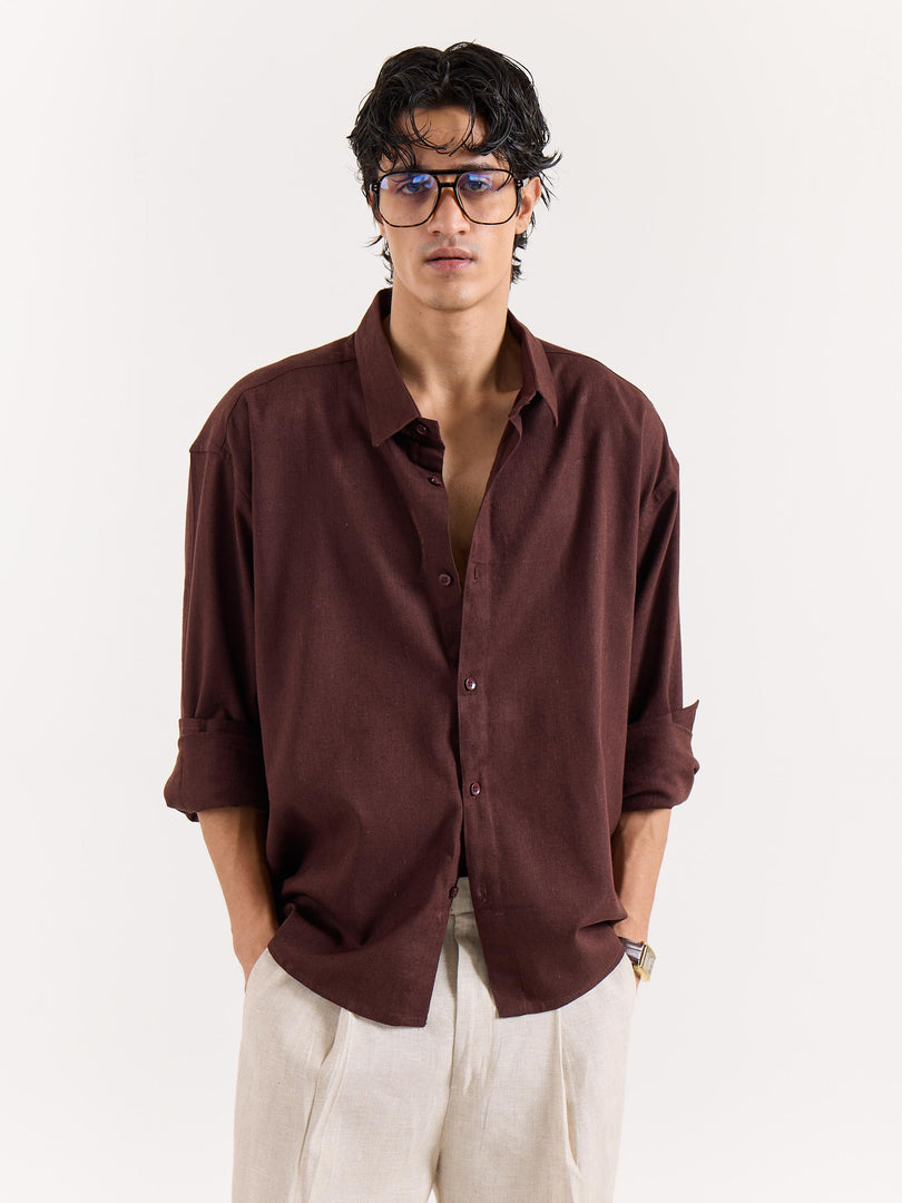 Coffee Brown Linen Cropped Shirt