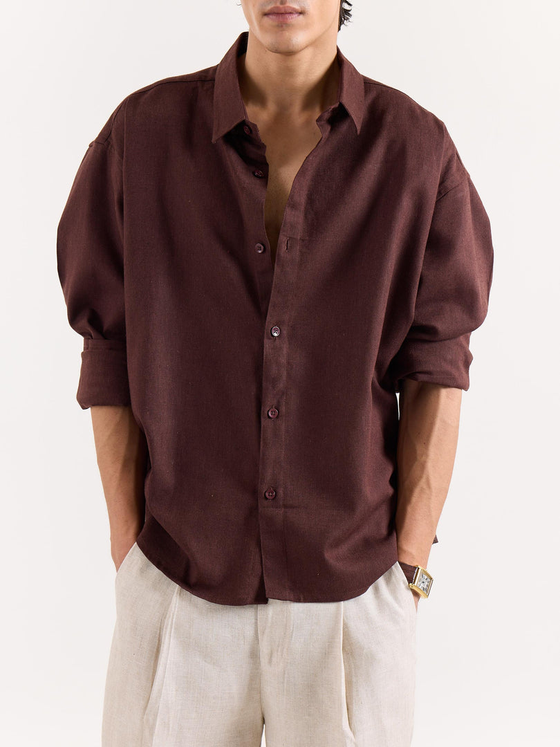 Coffee Brown Linen Cropped Shirt