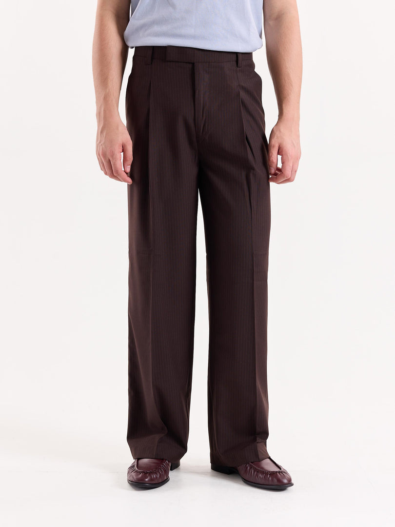 Coffee Brown Pinstriped Baggy Fit Trousers