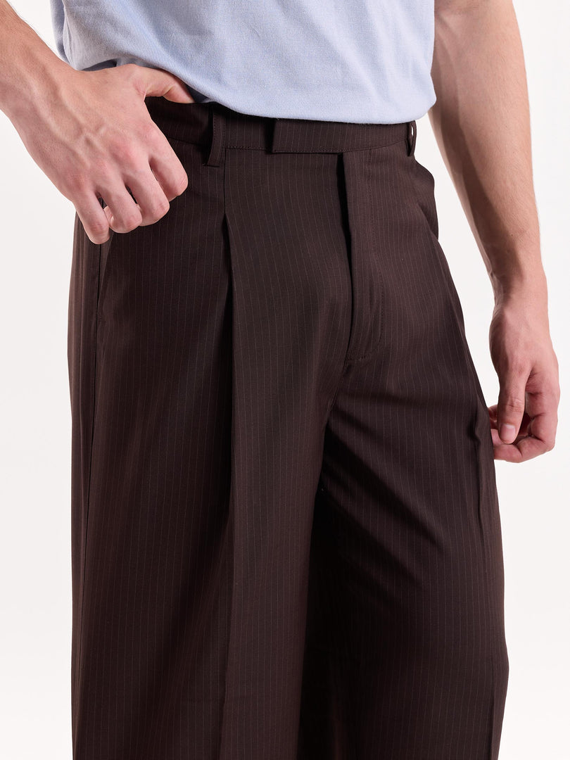 Coffee Brown Pinstriped Baggy Fit Trousers