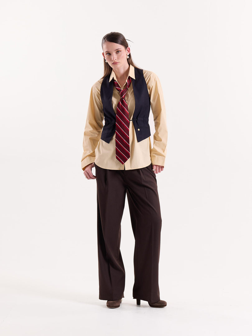 Coffee Brown Pinstriped Baggy Fit Trousers
