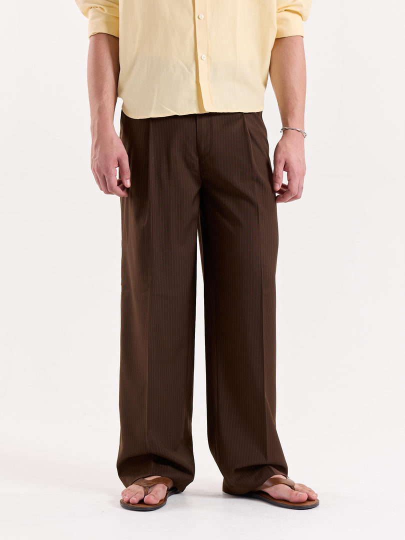 Copper Brown Pinstriped Baggy Fit Trousers
