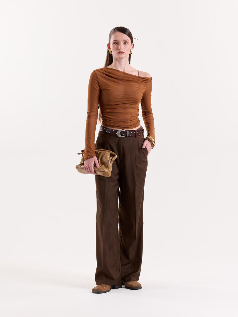 Copper Brown Pinstriped Baggy Fit Trousers
