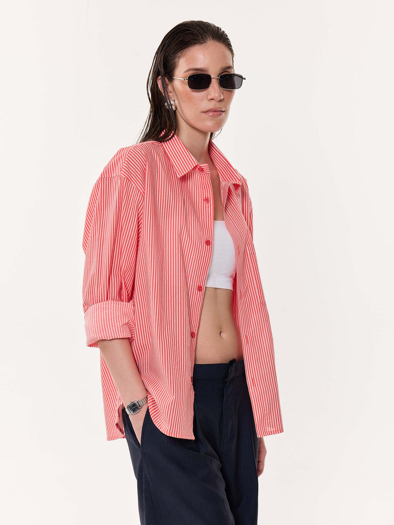 Coral Red Striped Oversized Cropped Shirt