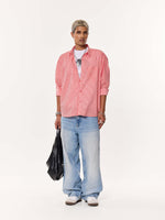 Load image into Gallery viewer, Coral Red Striped Oversized Cropped Shirt