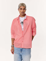 Load image into Gallery viewer, Coral Red Striped Oversized Cropped Shirt
