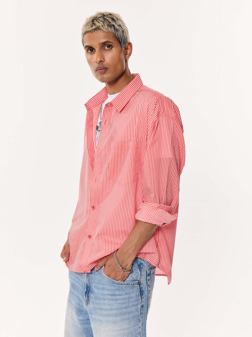 Coral Red Striped Oversized Cropped Shirt