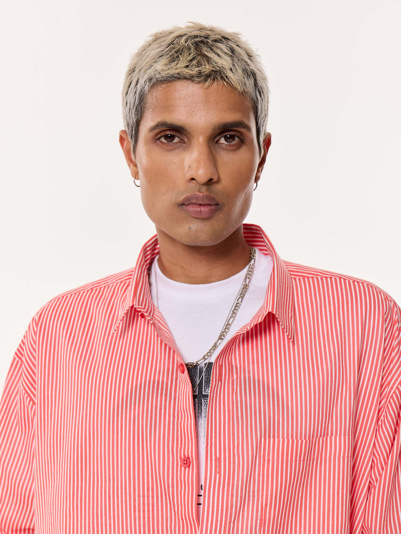Coral Red Striped Oversized Cropped Shirt