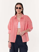 Load image into Gallery viewer, Coral Red Striped Oversized Cropped Shirt