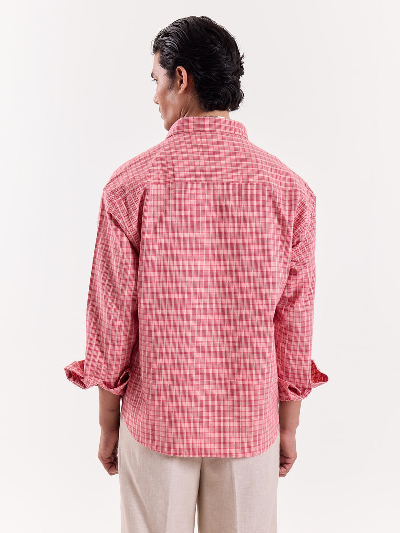 Coral & Cream Grid Checkered Cropped Shirt