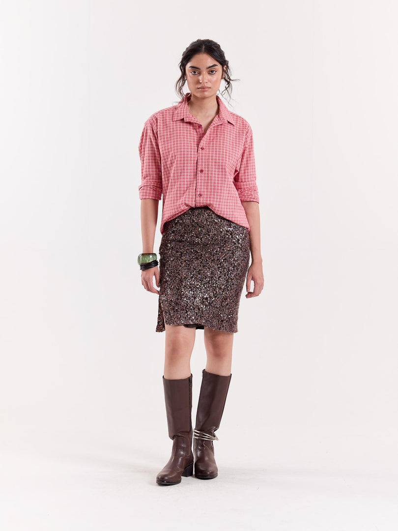 Coral & Cream Grid Checkered Cropped Shirt